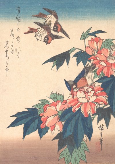 Golondrinas y martín pescador con malvas rosas, ca. 1838 de Ando Hiroshige