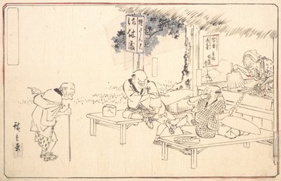 Los famosos bromistas prácticos Yajirobei en un restaurante de carretera, ca. 1840 de Ando Hiroshige
