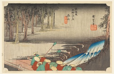 Tsuchi-yama, Lluvia de Primavera, en Las Cincuenta y Tres Estaciones del Camino Tokaido (Tokaido Gojusan Tsugi-no Uchi) de Ando Hiroshige