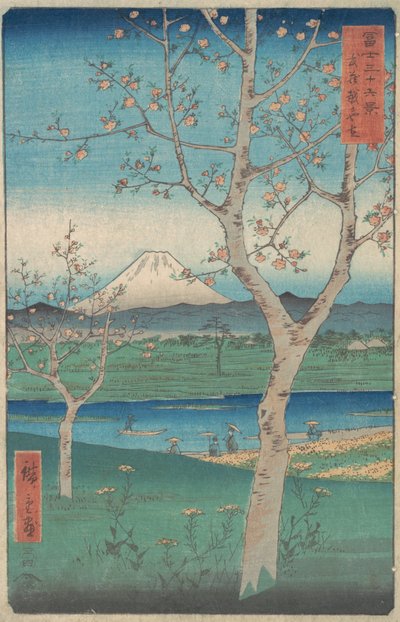 Vista del Monte Fuji desde Koshigaya, Provincia de Musashi, 4º mes, Año del Caballo 1858 de Ando Hiroshige