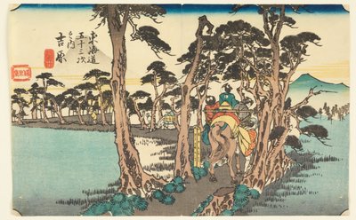 Yoshiwara. Hidari Fuji (Yoshiwara con el Monte Fuji), de Tokaido Gojusan Tsugi-na Uchi (Cincuenta y tres estaciones en el Tokaido) de Ando Hiroshige