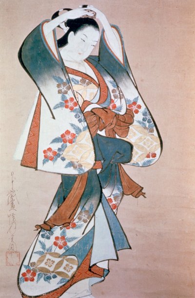 Belleza de pie arreglando su cabello, c1714 de Ando Kaigetsudo