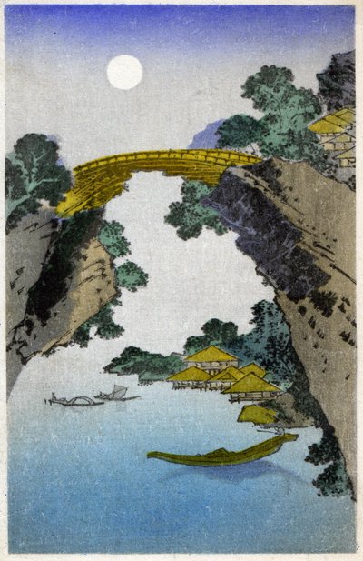 Geografía. Japón. Puente. Xilografía de Hiroshige en: Cincuenta y tres estaciones del Tokaido (1833-1834). Tarjeta postal, Japón, c.1900 (postal) de Ando or Utagawa (after) Hiroshige