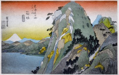 Geografía. Japón. Lago Hakone (10ª estación). Xilografía de Hiroshige en: Cincuenta y tres estaciones del Tokaido (1833-1834). Tarjeta postal, Japón, c.1900 (postal) de Ando or Utagawa (after) Hiroshige