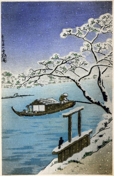 Geografía. Japón. Río en invierno. Xilografía de Hiroshige en: Cincuenta y tres estaciones del Tokaido (1833-1834). Tarjeta postal, Japón, c.1900 (postal) de Ando or Utagawa (after) Hiroshige