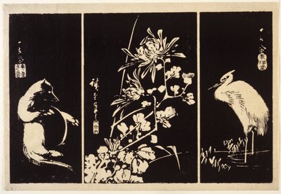 Tejón, crisantemos y grulla de Ando or Utagawa Hiroshige