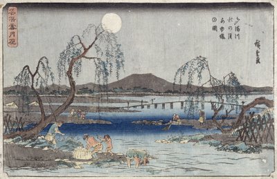 Pescando peces a la luz de la luna en el río Tama, de la serie 
