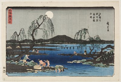 Pescando Sweetfish en el río Tama bajo la luna de otoño de Ando or Utagawa Hiroshige