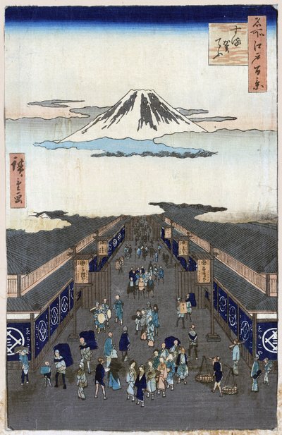 "" Cien vistas famosas de Edo "" (Tokio actual): Vista de Surugacho (Suruga cho, Suruga-cho). Vista de la ciudad de Tokio en Japón con el Monte Fuji al fondo. (Surugacho (Cien vistas famosas de Edo). Impresión japonesa de Utagawa Hiroshige (1797-1858) de Ando or Utagawa Hiroshige