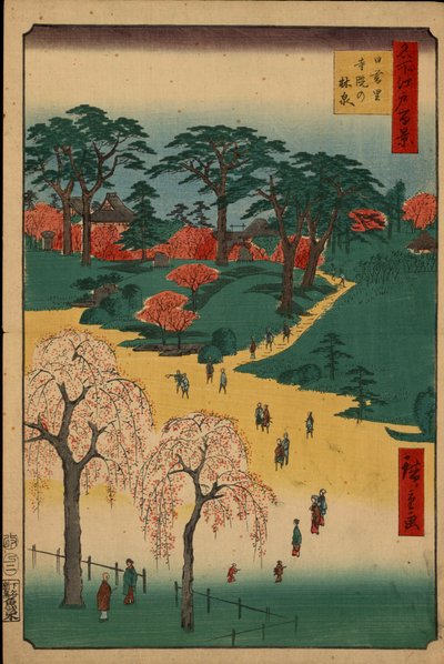 "" Cien vistas famosas de Edo "" (Tokyo de hoy): Jardines del templo en Nippori. Vista de la ciudad de Tokio en Japón. (Jardines del templo en Nippori (Cien vistas famosas de Edo). Impresión japonesa de Utagawa Hiroshige (1797-1858) de Ando or Utagawa Hiroshige