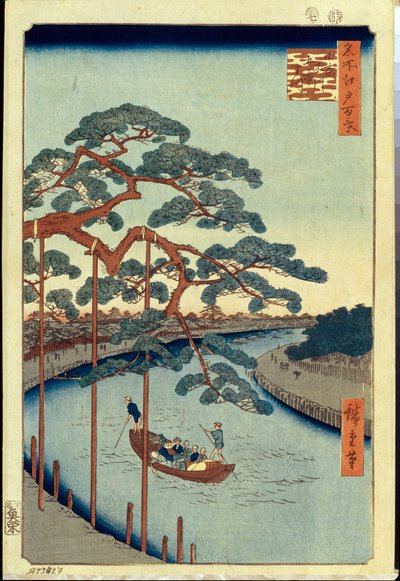 Cien vistas famosas de Edo: Cinco pinos y el canal Onagi de Ando or Utagawa Hiroshige