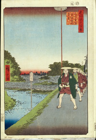 Cien vistas famosas de Edo: Colina Kinokuni y vista distante de Akasaka y el estanque Tameike de Ando or Utagawa Hiroshige