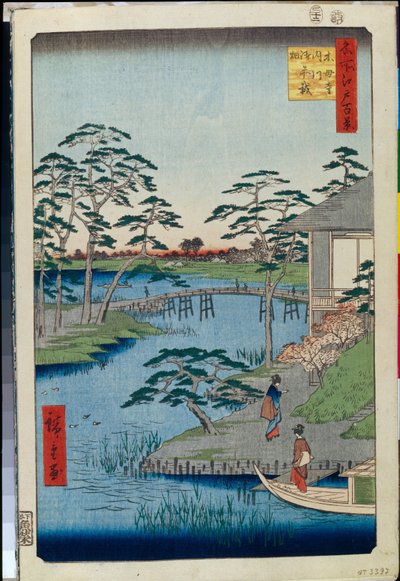 Cien vistas famosas de Edo: Templo Mokuboji y campos de vegetales en la ensenada de Uchigawa de Ando or Utagawa Hiroshige