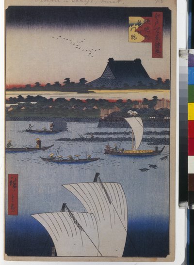 Cien vistas famosas de Edo: Templo Teppozu y Tsukiji Monzeki de Ando or Utagawa Hiroshige