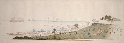 Tiempo de flor de cerezo, gente haciendo picnic en Gotenyama de Ando or Utagawa Hiroshige