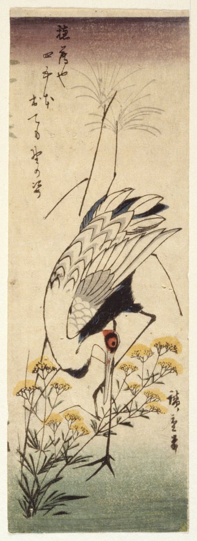 Grulla con mostaza silvestre (xilografía en color) de Ando or Utagawa Hiroshige