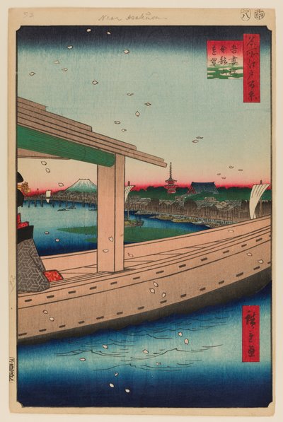 Vista lejana del Templo Kinryuzan y el Puente Azuma (Azumabashi Kinryuzan Enbo) de Ando or Utagawa Hiroshige