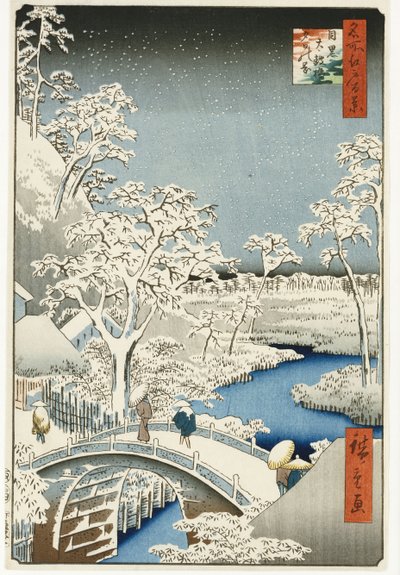 Puente del tambor y colina del "Sol poniente", Meguro, de la serie "Cien vistas de lugares famosos en Edo", publicado c.1858 de Ando or Utagawa Hiroshige