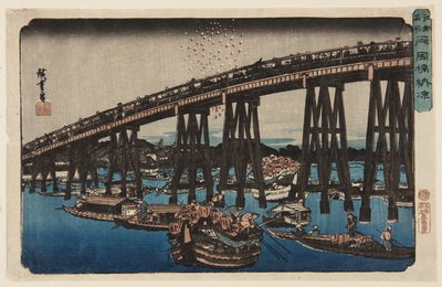 Disfrutando del fresco de la tarde en el puente Ryōgoku de Ando or Utagawa Hiroshige