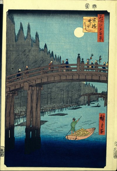 Xilografía japonesa: The Bamboo Wharf de Kyobashi Bridge (Tokio, Japón). Serie cien vistas famosas de Edo. (Bamboo Quay junto al puente Kyobashi, Cien vistas famosas de Edo). Obra de Utagawa Hiroshige (1797-1858), xilografía (39x26 cm) de Ando or Utagawa Hiroshige