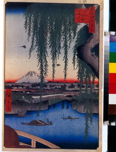 Estampa japonesa: Vista del Puente Yatsumi (Tokio, Japón). Serie cien vistas famosas de Edo. (Vista del puente Yatsumi, Cien vistas famosas de Edo). Obra de Utagawa Hiroshige (1797-1858), xilografía (37x24 cm) de Ando or Utagawa Hiroshige
