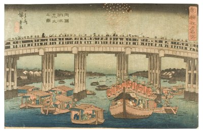 Fuegos artificiales en la frescura de la tarde en el puente Ryogoku de la serie Lugares famosos en Edo - Recién seleccionados de Ando or Utagawa Hiroshige