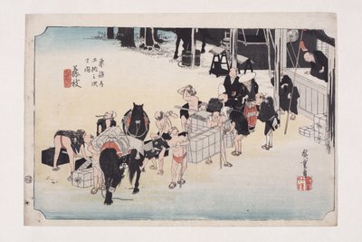 Fujieda: Cambio de porteadores y caballos (Fujieda, jinba tsugitate) de Ando or Utagawa Hiroshige