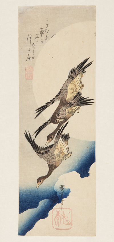 Gansos volando a través de la luna llena de Ando or Utagawa Hiroshige