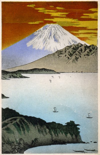 Geografía. Japón. Amanecer en el Monte Fuji. Xilografía de Hiroshige en: Cincuenta y Tres Estaciones del Tokaido (1833-1834). Postal, Japón, c.1900 de Ando or Utagawa Hiroshige