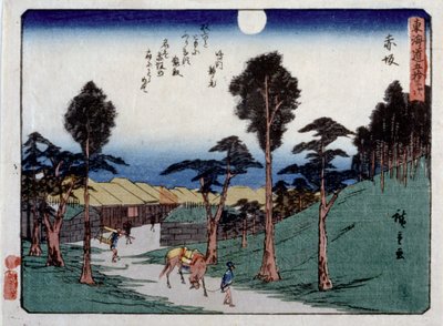 Serie Kyoka Tokaido, Akasaka (xilografía en color) de Ando or Utagawa Hiroshige