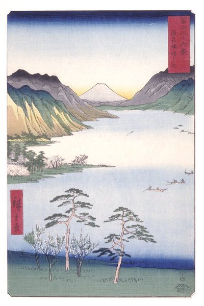 Lago Suwa en la provincia de Shinano (Shinano Suwa No Ko) (xilografía en color) de Ando or Utagawa Hiroshige