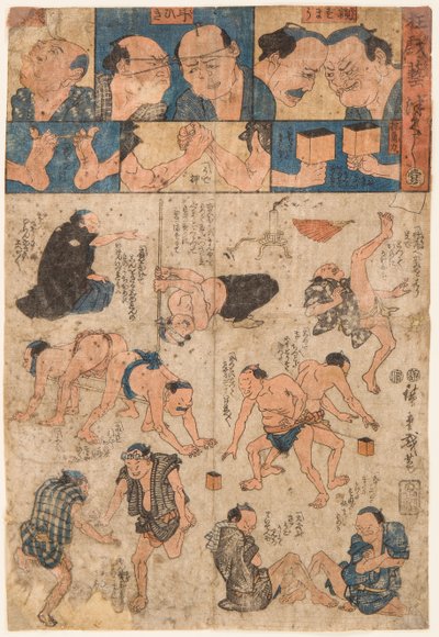 Movimientos de entrenamiento de los luchadores de sumo de Ando or Utagawa Hiroshige