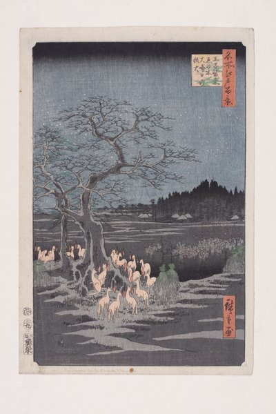Fuegos de zorro en la víspera de Año Nuevo en el Árbol Cambiante, Ōji de Ando or Utagawa Hiroshige