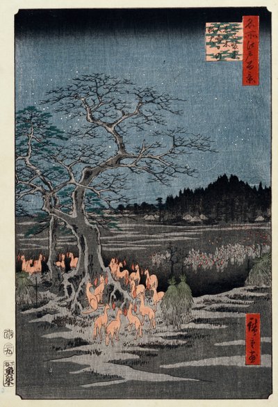 Fuegos de zorro en la víspera de Año Nuevo en el árbol de ortiga, Oji, de la serie Cien vistas famosas de Edo de Ando or Utagawa Hiroshige