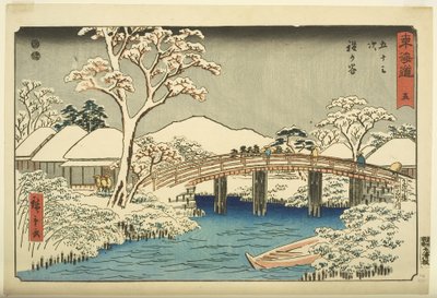 No. 5, Hodogaya: El río Katabira y el puente Katabira de Ando or Utagawa Hiroshige