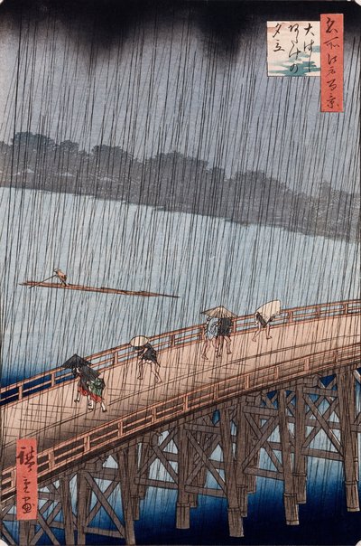 Ohashi, Lluvia repentina en Atake, de la serie "Cien vistas de lugares famosos en Edo" de Ando or Utagawa Hiroshige