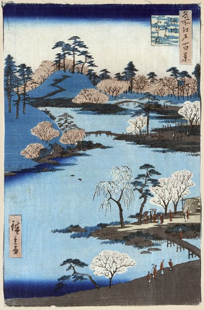 Jardín abierto en el santuario Fukagawa Hachiman, Edo, Japón, xilografía de Ando Hiroshige de Ando or Utagawa Hiroshige