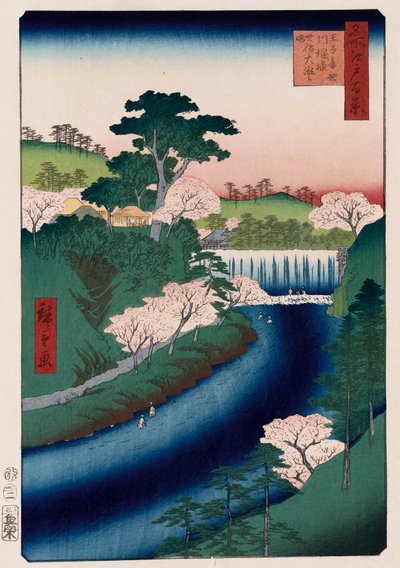 Presa del río Otonashi, Oji, popularmente llamada Gran Cascada, de la serie Cien vistas de lugares famosos en Edo de Ando or Utagawa Hiroshige