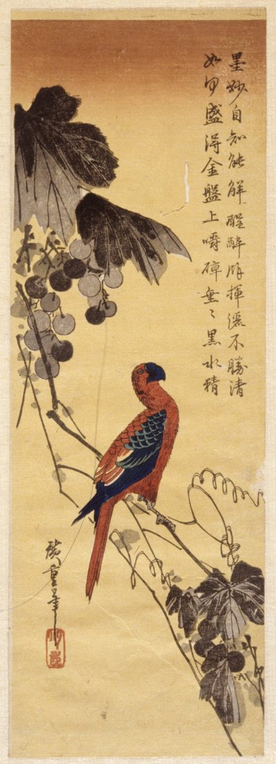 Loro y vides (xilografía en color) de Ando or Utagawa Hiroshige