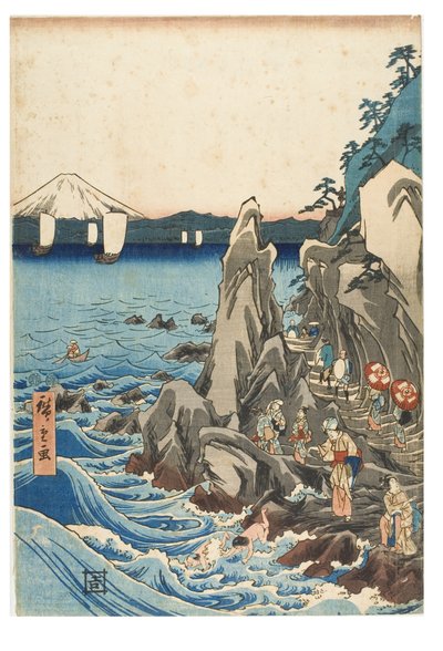 Peregrinación a la exhibición de la estatua de Benzaiten en el santuario principal de Iwaya en Enoshima en la provincia de Sagami de Ando or Utagawa Hiroshige
