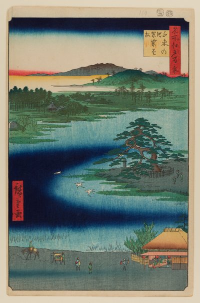 Pino colgante, estanque Senzoku de Ando or Utagawa Hiroshige