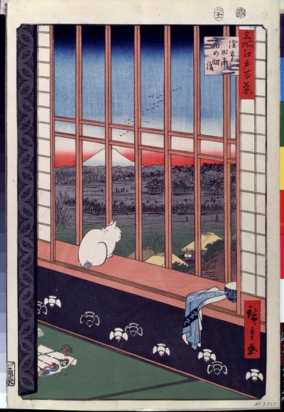 Serie ""Las cien vistas famosas de Edo"": ""Los campos de arroz de Asakusa durante el festival del gallo, un gato sentado en el alféizar de la ventana"" (Un gato sentado en el asiento de la ventana) Impresión de Utagawa Hiroshige (1797-1858) ) Museo Pushki de Ando or Utagawa Hiroshige