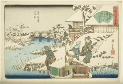 Observación de la nieve en el Templo Mokubo-ji: El Restaurante Uekiya (grabado en madera a color) de Ando or Utagawa Hiroshige