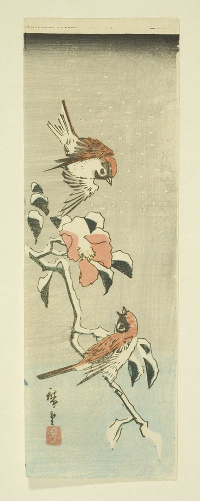 Gorriones y camelia en la nieve de Ando or Utagawa Hiroshige