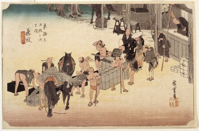 Estación 23, Fujieda (xilografía en color, pluma, tinta, lápiz) de Ando or Utagawa Hiroshige