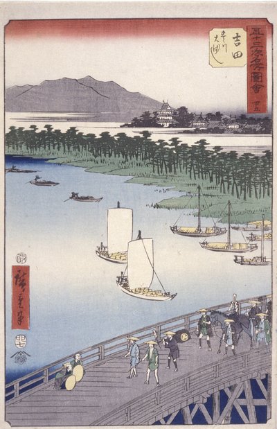 Estación 35, Yoshida; Serie Kyoka Tokaido (Figuras cruzando en primer plano) (xilografía en color) de Ando or Utagawa Hiroshige