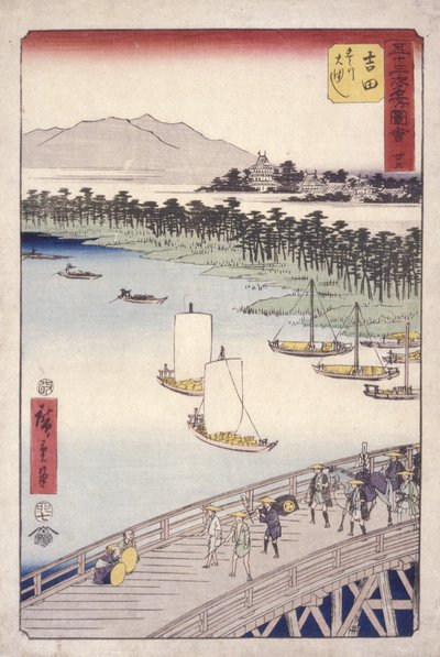 Estación 35, Yoshida; Serie Kyoka Tokaido (xilografía en color) de Ando or Utagawa Hiroshige