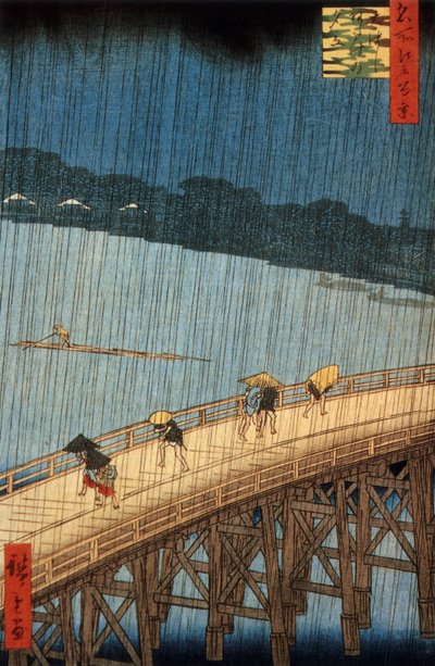 Lluvia repentina (yudashi) en el puente Ohashi, Japón, grabado de Ando Hiroshige de Ando or Utagawa Hiroshige