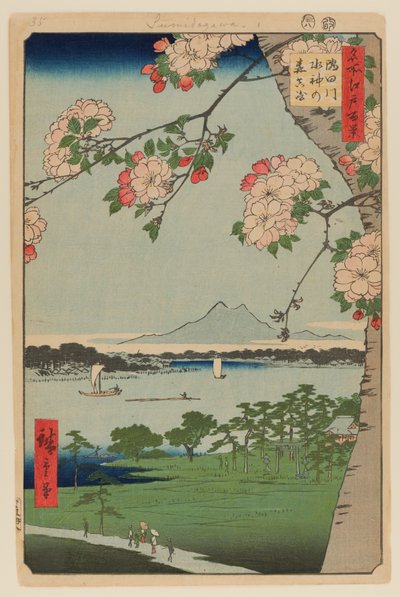 Santuario Suijin y Massaki en el río Sumida (Sumidagawa Suijin no Mori Massaki) de Ando or Utagawa Hiroshige