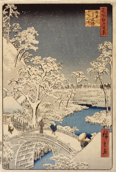 Puente Taiko y Colina del Atardecer en Meguro (xilografía en color) de Ando or Utagawa Hiroshige